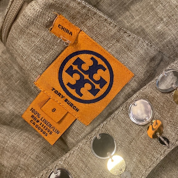 TORY BURCH - linen tank tunic w little mirror discs surrounding neck, zip - 8 - Picture 6 of 16
